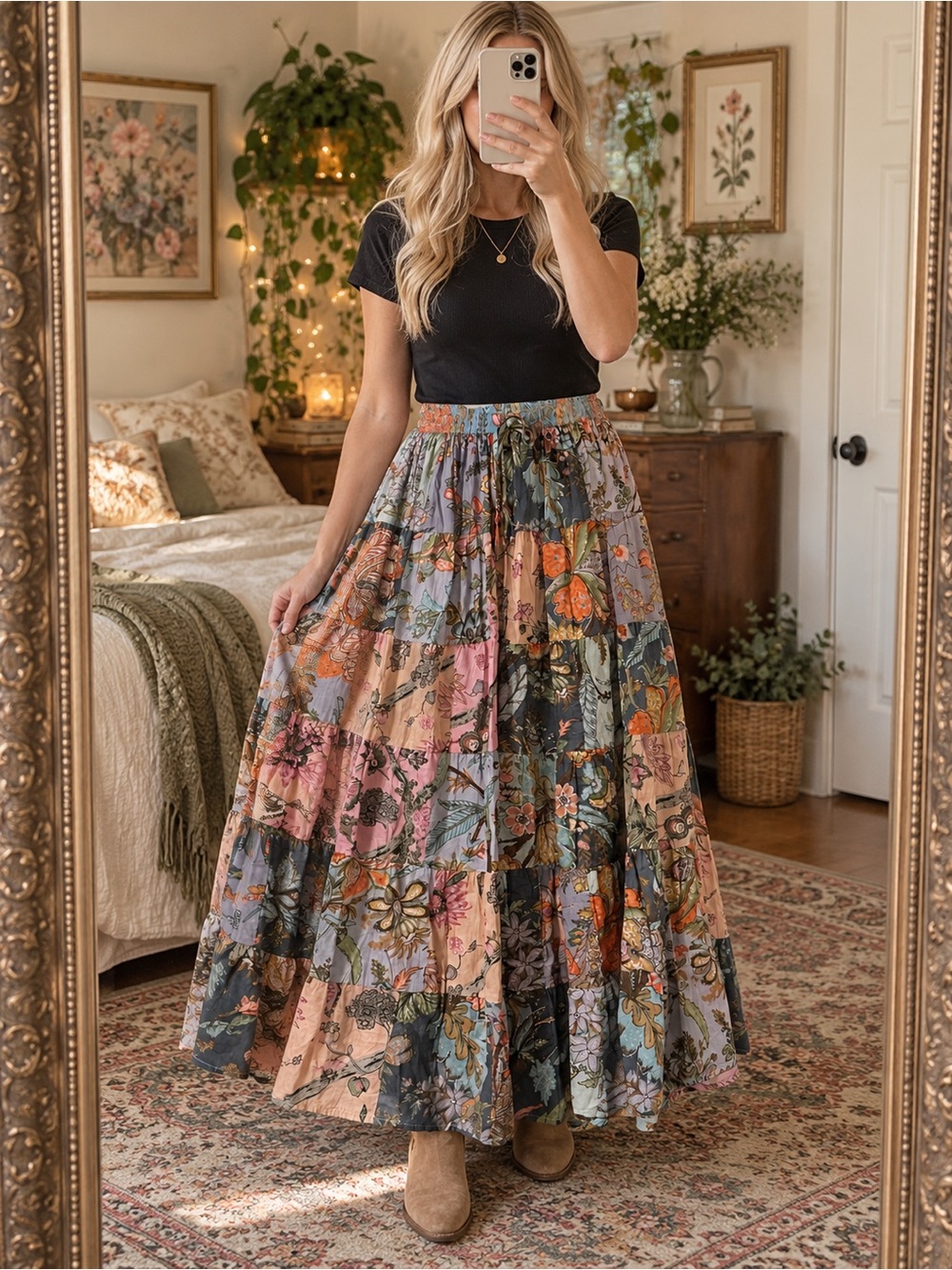 Boho Floral Patchwork Maxi Skirt - Multi